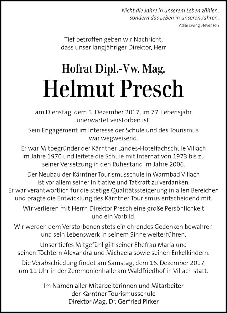  Traueranzeige für Helmut Presch vom 13.12.2017 aus Kleine Zeitung