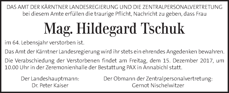  Traueranzeige für Hildegard Tschuk vom 14.12.2017 aus Kleine Zeitung