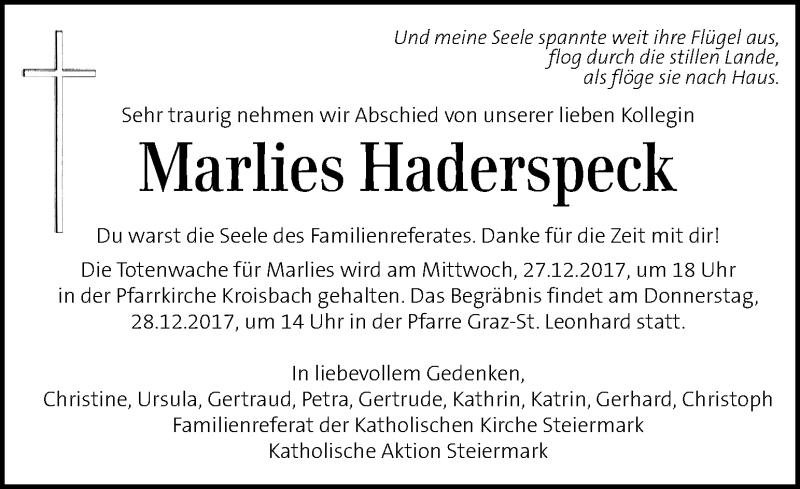  Traueranzeige für Marlies Haderspeck vom 23.12.2017 aus Kleine Zeitung