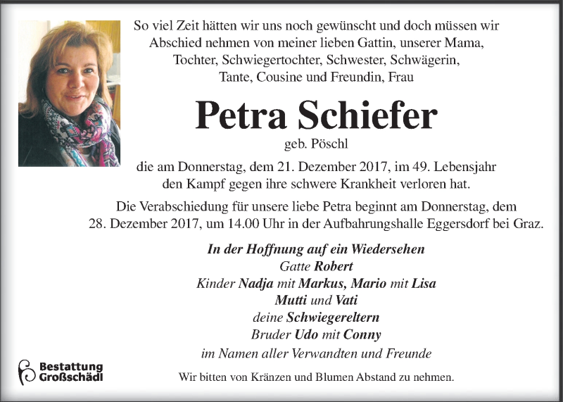  Traueranzeige für Petra Schiefer vom 23.12.2017 aus Kleine Zeitung