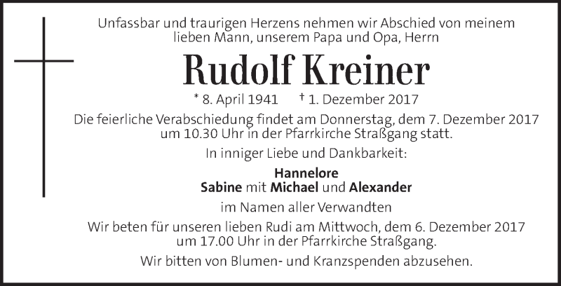  Traueranzeige für Rudolf Krainer vom 06.12.2017 aus Kleine Zeitung
