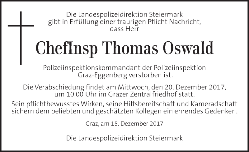  Traueranzeige für Thomas Oswald vom 17.12.2017 aus Kleine Zeitung
