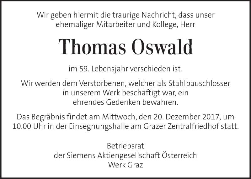  Traueranzeige für Thomas Oswald vom 19.12.2017 aus Kleine Zeitung