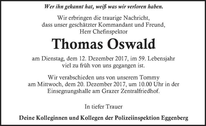  Traueranzeige für Thomas Oswald vom 17.12.2017 aus Kleine Zeitung