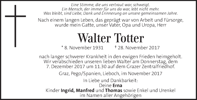  Traueranzeige für Walter Totter vom 05.12.2017 aus Kleine Zeitung