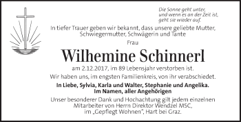 Traueranzeige von Wilhelmine Schinnerl von Kleine Zeitung