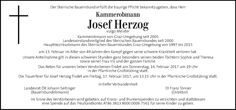  Traueranzeige für Josef Herzog vom 16.02.2017 aus Kleine Zeitung