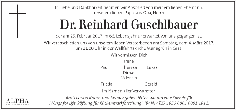  Traueranzeige für Reinhard Guschlbauer vom 01.03.2017 aus Kleine Zeitung