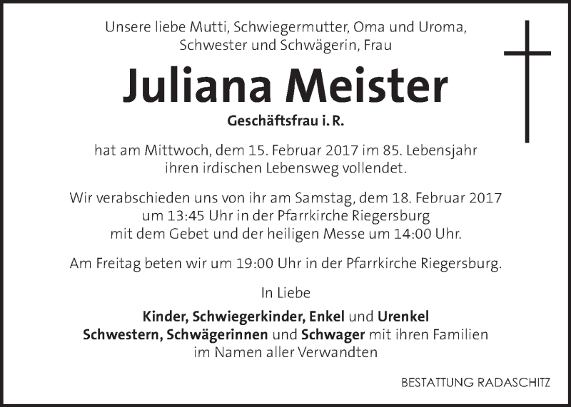  Traueranzeige für Juliana Meister vom 17.02.2017 aus Kleine Zeitung