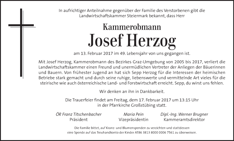  Traueranzeige für Josef Herzog vom 16.02.2017 aus Kleine Zeitung