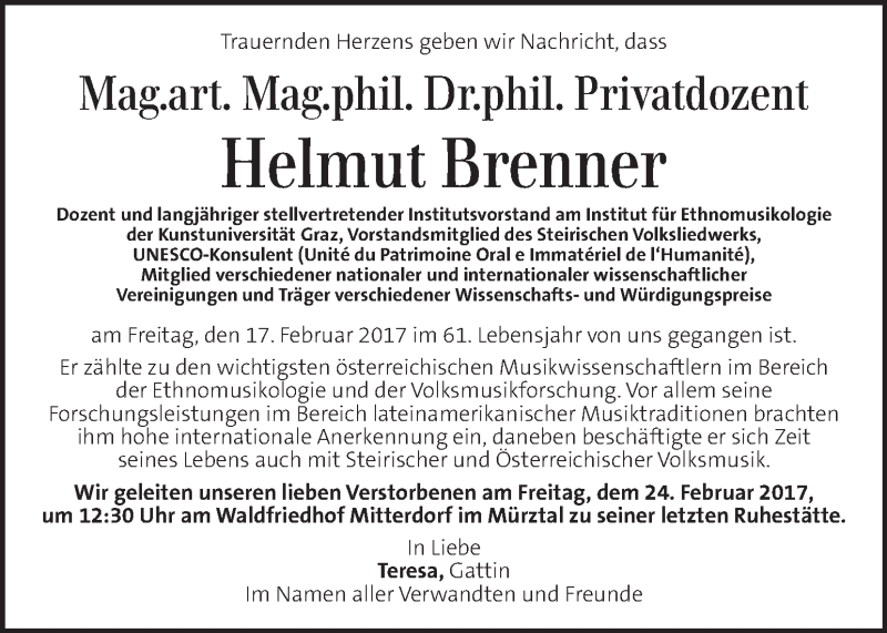  Traueranzeige für Helmut Brenner vom 23.02.2017 aus Kleine Zeitung
