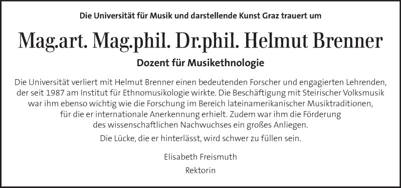  Traueranzeige für Helmut Brenner vom 24.02.2017 aus Kleine Zeitung