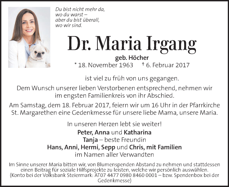  Traueranzeige für Maria Irgang vom 12.02.2017 aus Kleine Zeitung
