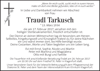 Traueranzeige von Traudl Tarkusch von Kleine Zeitung