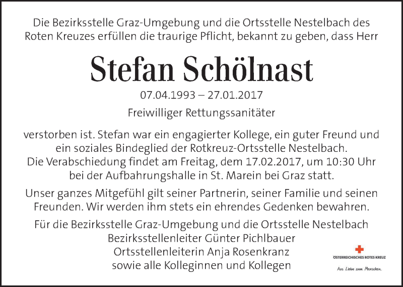  Traueranzeige für Stefan Schölnast  vom 16.02.2017 aus Kleine Zeitung