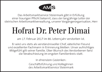 Traueranzeige von Peter Dimai von Kleine Zeitung
