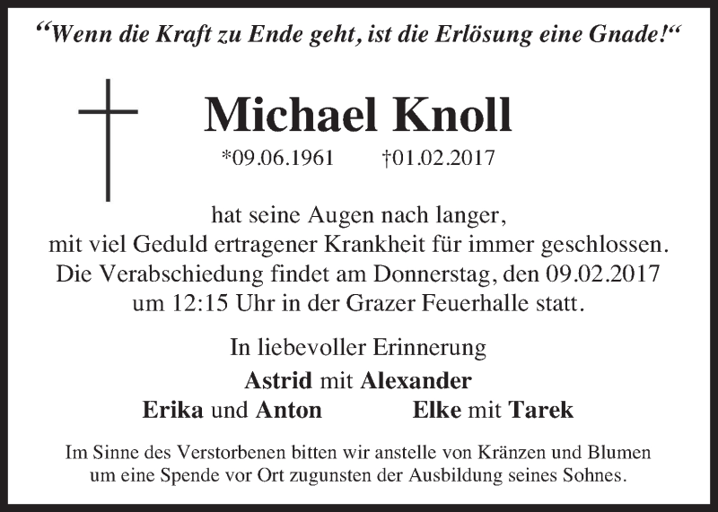  Traueranzeige für Michael Knoll vom 05.02.2017 aus Kleine Zeitung