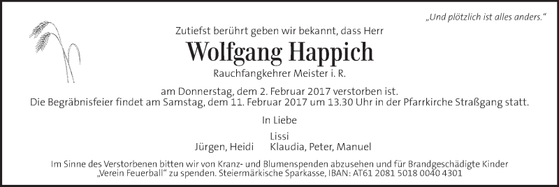  Traueranzeige für Wolfgang Happich vom 09.02.2017 aus Kleine Zeitung