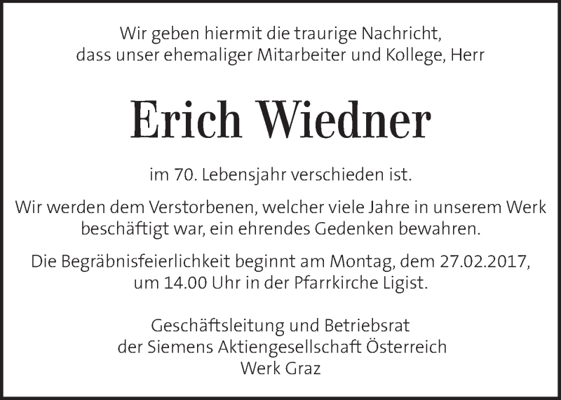  Traueranzeige für Erich Wiedner vom 24.02.2017 aus Kleine Zeitung