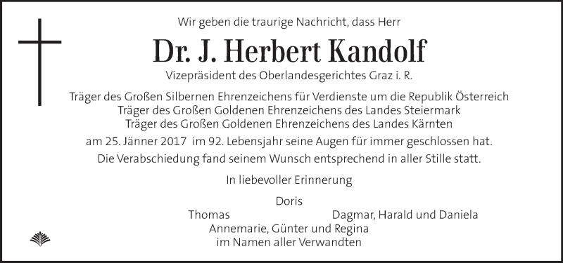  Traueranzeige für Herbert Kandolf vom 03.02.2017 aus Kleine Zeitung