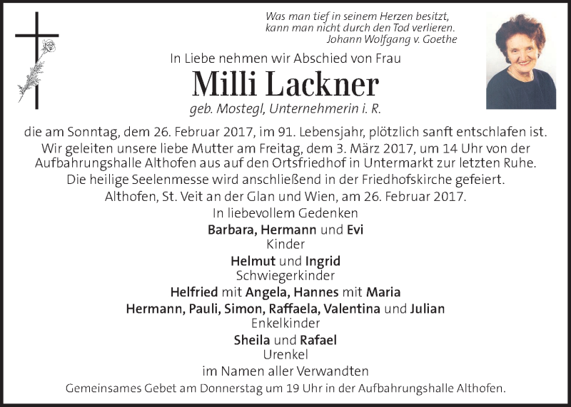  Traueranzeige für Milli Lackner vom 01.03.2017 aus Kleine Zeitung
