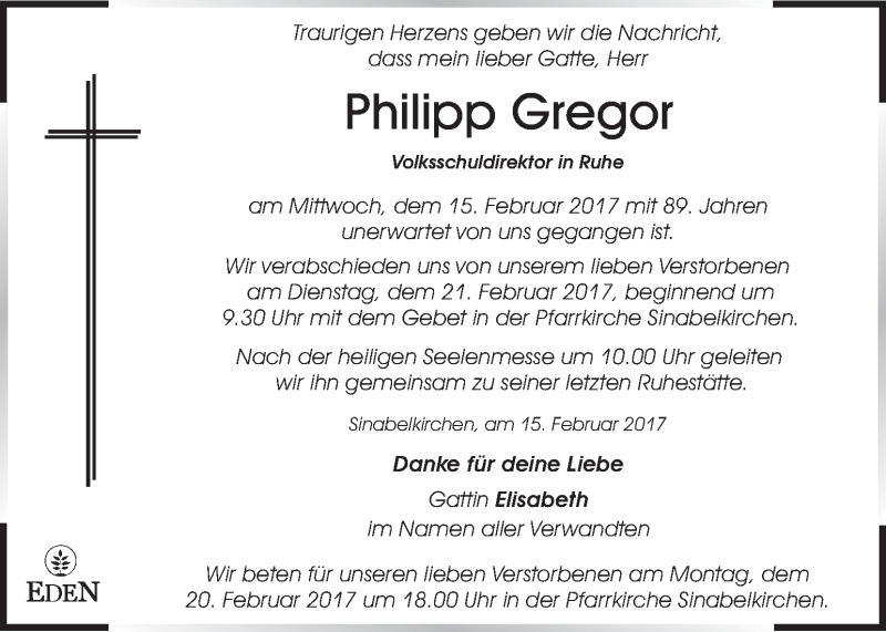  Traueranzeige für Philipp Gregor vom 19.02.2017 aus Kleine Zeitung