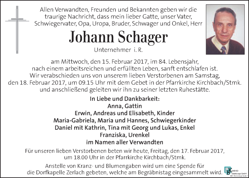  Traueranzeige für Johann Schager vom 17.02.2017 aus Kleine Zeitung