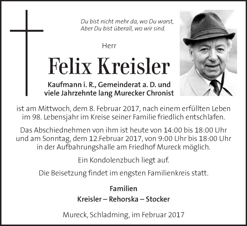  Traueranzeige für Felix Kreisler vom 11.02.2017 aus Kleine Zeitung