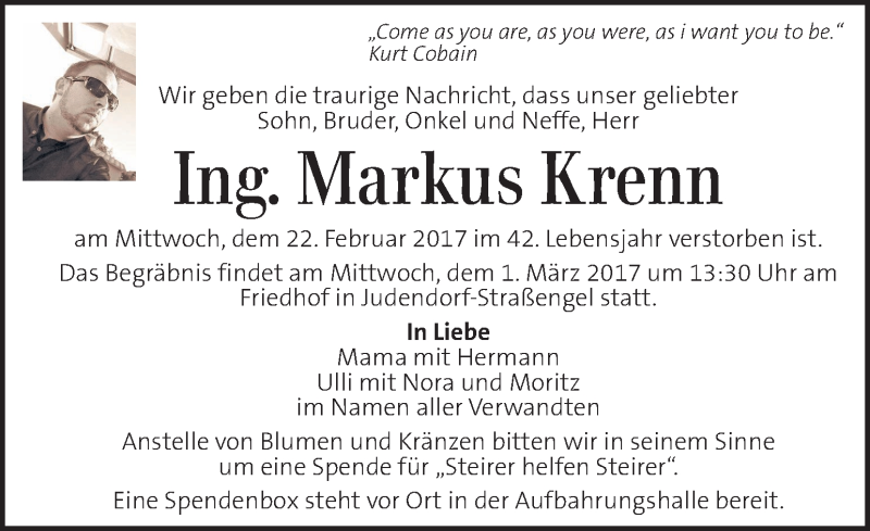  Traueranzeige für Markus Krenn vom 26.02.2017 aus Kleine Zeitung