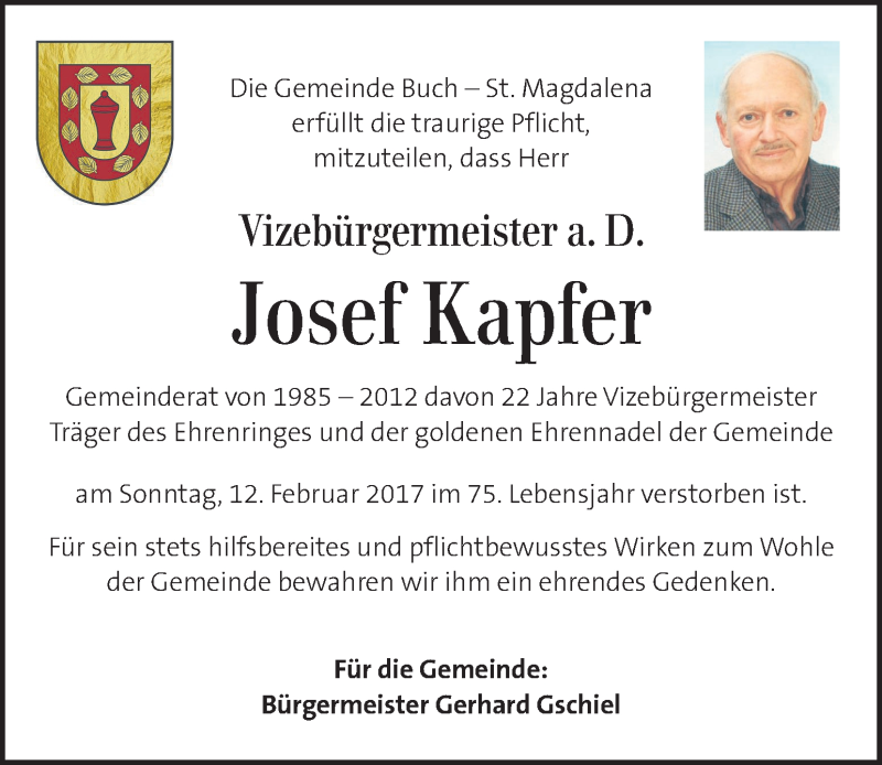  Traueranzeige für Josef Kapfer vom 17.02.2017 aus Kleine Zeitung