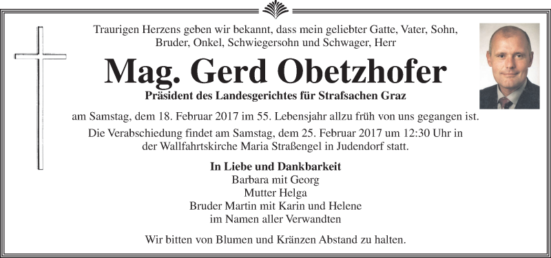  Traueranzeige für Gerd Obetzhofer vom 22.02.2017 aus Kleine Zeitung