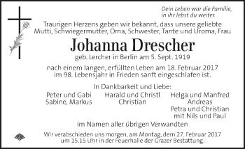 Traueranzeige von Johanna Drescher von Kleine Zeitung