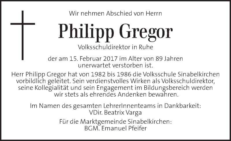  Traueranzeige für Philipp Gregor vom 19.02.2017 aus Kleine Zeitung