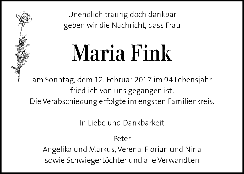 Traueranzeige für Maria Fink vom 19.02.2017 aus Kleine Zeitung