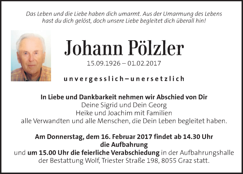  Traueranzeige für Johann Pölzler vom 11.02.2017 aus Kleine Zeitung