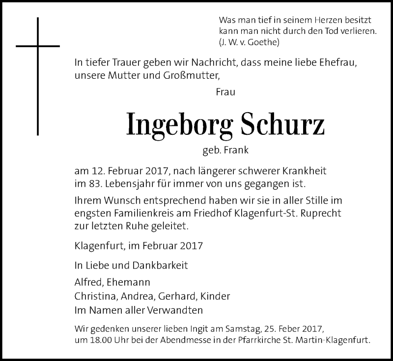  Traueranzeige für Ingeborg Schurz vom 24.02.2017 aus Kleine Zeitung