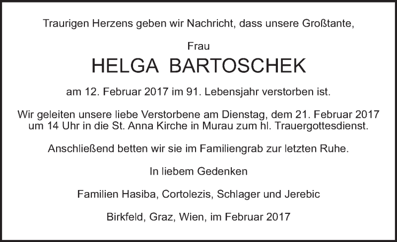  Traueranzeige für Helga Bartoschek vom 17.02.2017 aus Kleine Zeitung