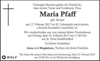 Traueranzeige von Maria Pfaff von Kleine Zeitung