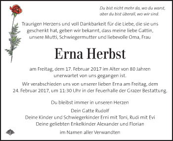 Traueranzeige von Erna Herbst von Kleine Zeitung