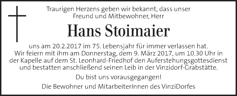  Traueranzeige für Hans Stoimaier vom 08.03.2017 aus Kleine Zeitung