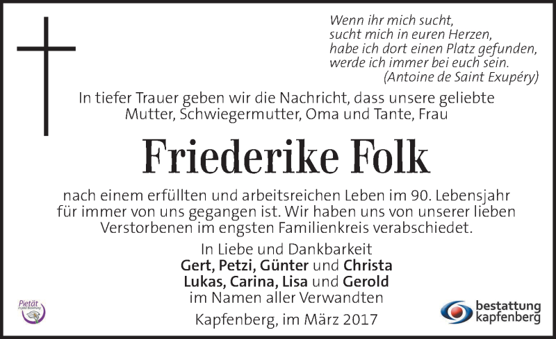  Traueranzeige für Friederike Folk vom 15.03.2017 aus Kleine Zeitung
