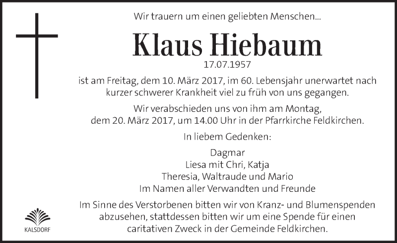  Traueranzeige für Klaus Hiebaum vom 16.03.2017 aus Kleine Zeitung