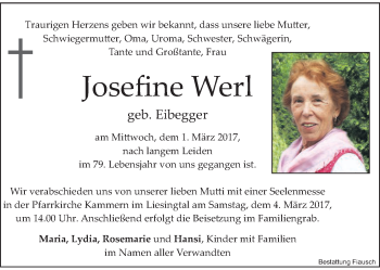 Traueranzeige von Josefine Werl von Kleine Zeitung