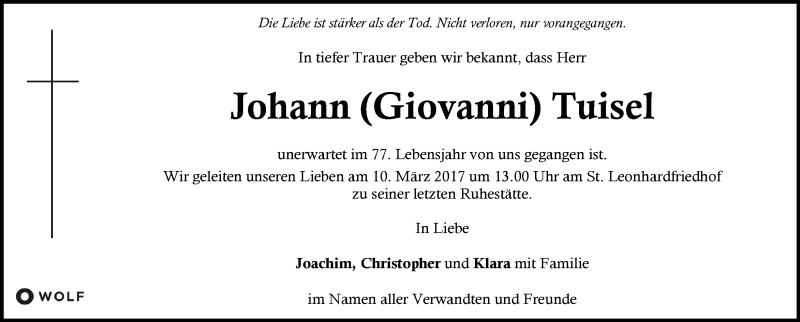  Traueranzeige für Johann Tuisel vom 08.03.2017 aus Kleine Zeitung