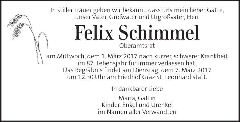  Traueranzeige für Felix Schimmel vom 04.03.2017 aus Kleine Zeitung