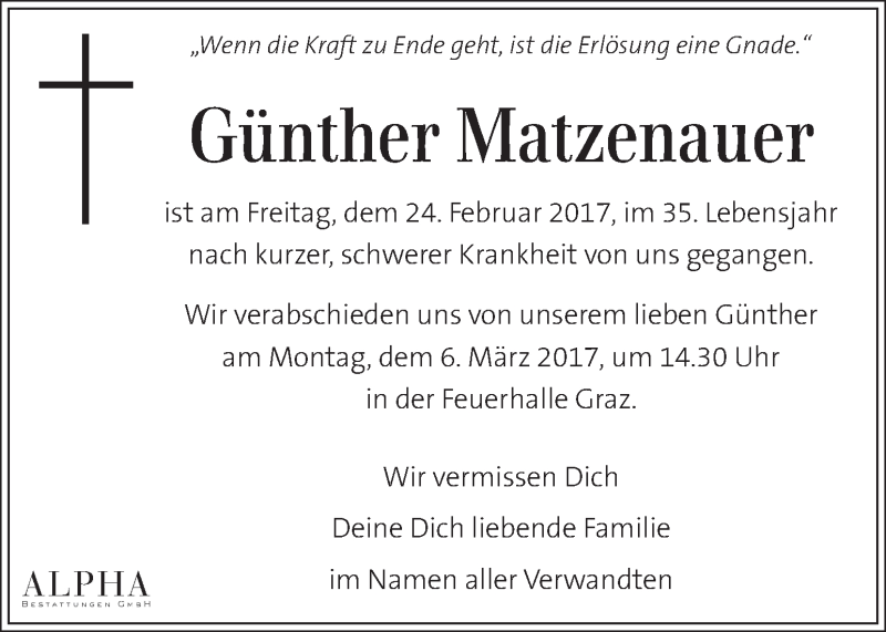  Traueranzeige für Günther Matzenauer vom 02.03.2017 aus Kleine Zeitung