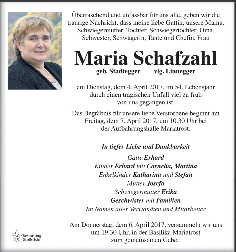  Traueranzeige für Maria Schafzahl vom 06.04.2017 aus Kleine Zeitung