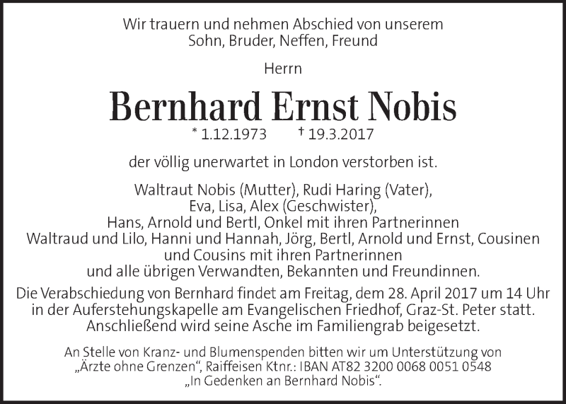  Traueranzeige für Bernhard Ernst Nobis vom 25.04.2017 aus Kleine Zeitung