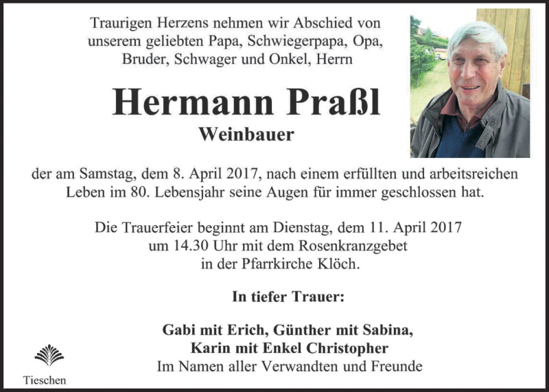  Traueranzeige für Hermann Praßl vom 11.04.2017 aus Kleine Zeitung