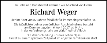 Traueranzeige von Richard Weger von Kleine Zeitung